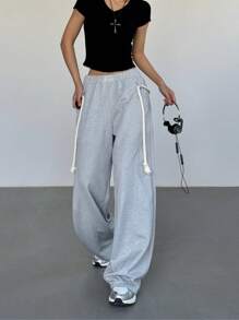 SHEIN EZwear 女士休闲复古破洞阔腿直筒宽松裤秋冬款 - 灰色 - 查看 3