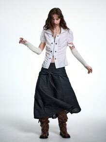 SHEIN EZwear Váy dài màu đen xếp ly họa tiết cổ điển mùa xuân và mùa hè dành cho nữ, gợi cảm khi đi câu lạc bộ và đi dự tiệc - màu đen - Xem 5