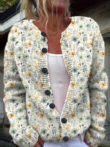 SHEIN LUNE New Casual Artistic Retro Ditsy Floral Design Women Cardigan, Spring & Autumn