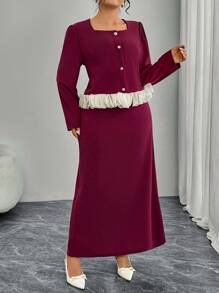 Modelyn Women Square Collar Long Sleeve Patchwork Ruffle Trim Fitted Elegant Slim Top And Bodycon Skirt Set Fall Cloth For Women - Burgundy - View 3