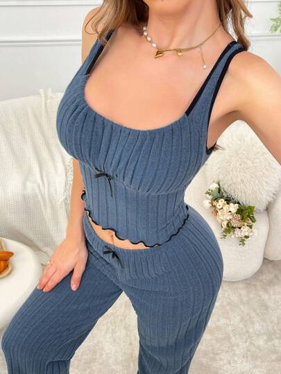 Contrast Trim Bowknot Decor Ruched Comfy Knit Tank Top And Pants Loungewear Set