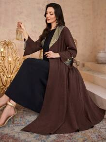 Al Najma Women's Retractable Collar Splicing Metallic Fabric Arabic Robe Abayas - Chocolate Brown - View 7