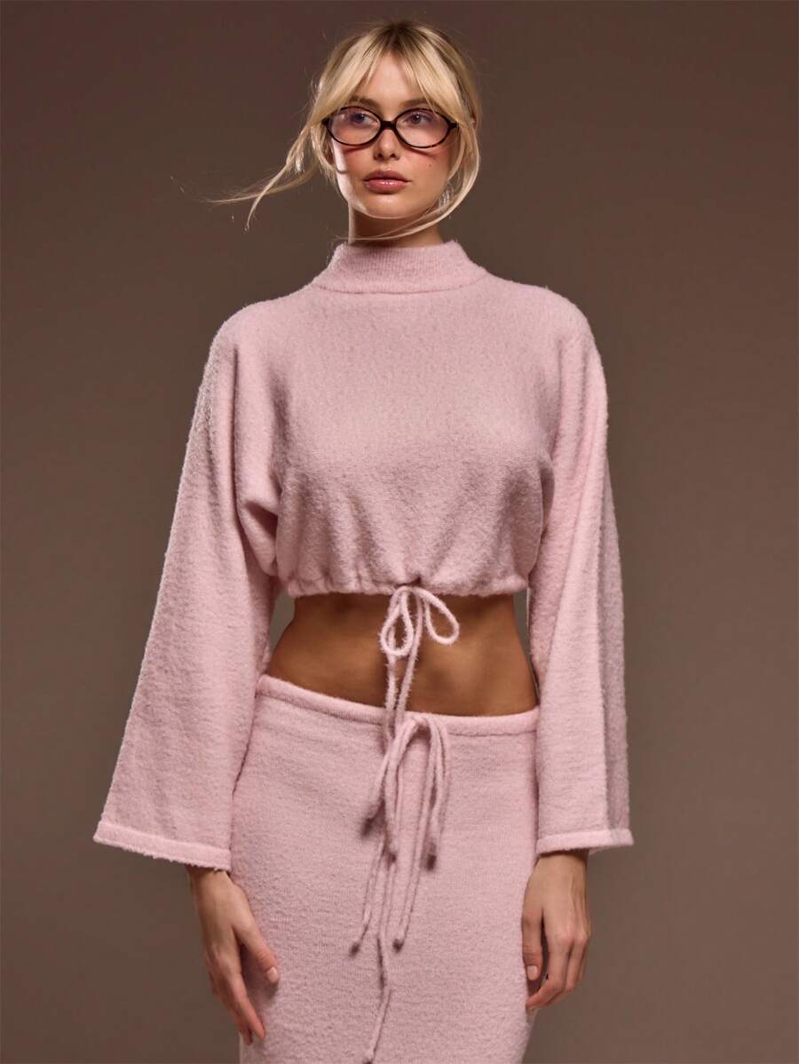 MUSERA Fluffy Knit High Neck Long Flared Sleeve Cropped Jumper Only Spring Summer Cute Valentine Thanksgiving Chic - Baby Pink - View 1