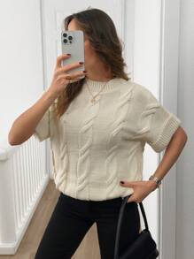 EURMUSE Women Retro Unique Design Raglan Sleeve Round Neck Rib Knit Short Sleeve Sweater, Flattering For Autumn - White - View 1