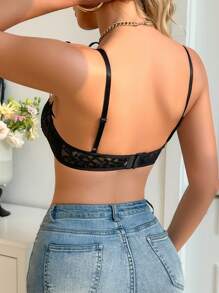 Soutien-gorge de lingerie balconnet avec armatures, dentelle florale charmante, sexy et romantique, avec nœud et bretelles croisées, noir, parfait pour les festivals de musique et les tenues de soirée - Noir - Voir 2