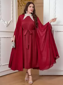 SHEIN Clasi Robe longue extra femme grande taille rouge à col montant avec décoration de sequins brillants, taille cintrée en forme de ligne A, robes printemps/été pour femmes