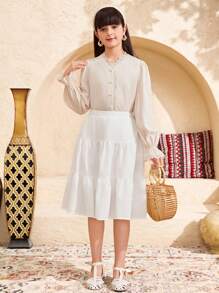 SHEIN Leap Crew Tween Girls' Casual Long Sleeve Woven Blouse Top With Ruffle Trim - Apricot - View 4