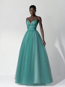 SHEIN Belle Elegante vestido de noche de tul verde bosque con escote con profunda abertura en V, detalles de lujo con cuentas y bajo asimétrico, con lazo ajustable en la espalda. Vestido de fiesta, invitada de boda, vestido formal, vestido de noche. - Verde - Ver 5