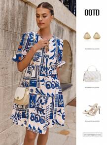 Breezaya Tropical Print Ruffle Sleeve Vacation Style Dress For Women