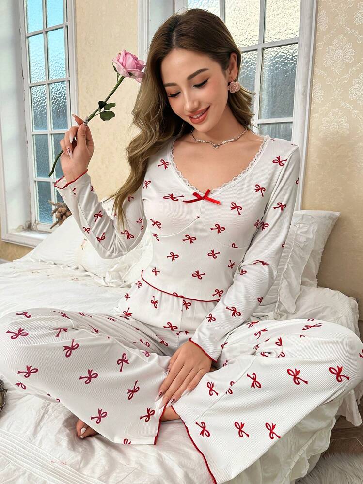 CottageSlumber Lace Trim V-Neck Butterfly Print Long Sleeve Top And Pants Set - Red - View 5