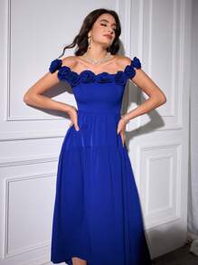 Modelyn Women's Elegant Floral Off Shoulder Dress, Glamorous & Romantic For Banquet - Blue - View 4