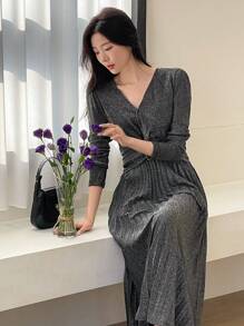 DAZY Deep V-Neck Metallic Long Bodycon Dress,Fall Clothes Long Sleeve Dress Luxury Prom Dress