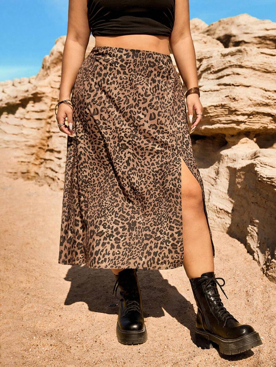 CovetEZ Plus Size Vintage Leopard Print A-Line Slit Skirt - Brown - View 1