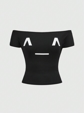 Kawaii Untergrundkultur Muster Off-Shoulder enges T-Shirt für Frauen