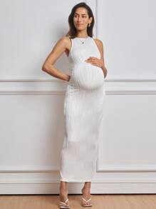 MaterniWear Maternity Work/Office Solid Color Textured Round Neck Fitted Tank Dress - White - View 5