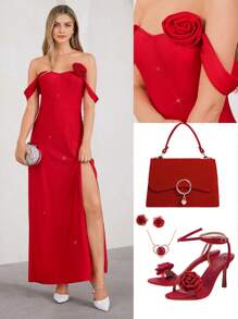 SHEIN Clasi 优雅露肩玫瑰印花修身开衩女式连衣裙，90 年代服装，红色连衣裙，优雅大方，节日 - 紅色 - 查看 5