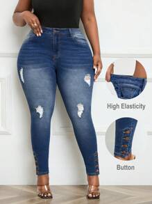 SHEIN EZwear Plus Size Sexy Slim Fit Ripped Denim Jeans, Blue - Medium Wash - View 4