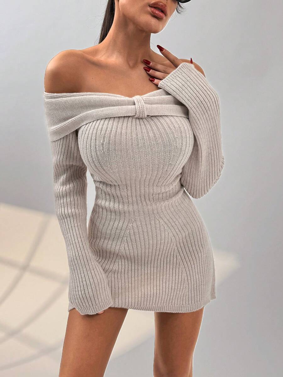 EURMUSE "Off-Shoulder Ribbed Knit Mini Dress With Folded Neckline Detail,Winter Dresses For Women,Petite - Beige - View 1
