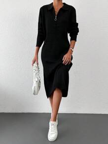 EURMUSE Quarter Zip Ribbed Knit Quarter Zip Sweater Dress - Black - View 1