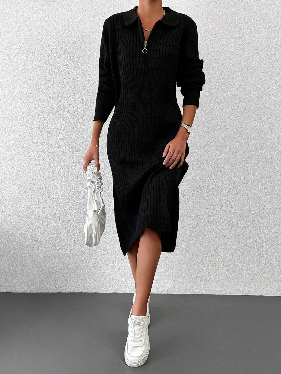 EURMUSE Quarter Zip Ribbed Knit Quarter Zip Sweater Dress - Black - View 1