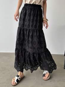 FRIFUL Chân váy nữ màu đen dáng rộng thêu họa tiết, phong cách bohemian thanh lịch, thích hợp cho mùa xuân/hè. - màu đen - Xem 5