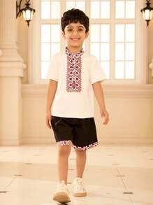 SHEIN 2 件套 男童复古印花中式立领衬衫 + 拼布短裤