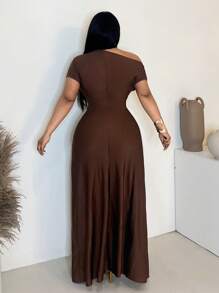 Maweii Women Plus Size Asymmetrical Twist Thigh High Slit Dress, Graduation Dress - Brown - View 2