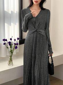 DAZY Deep V-Neck Metallic Long Bodycon Dress,Fall Clothes Long Sleeve Dress Luxury Prom Dress