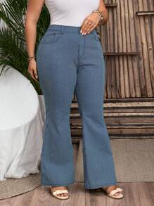 SHEIN LUNE Jeans acampanados informales talla grande con rayas y efecto desgastado