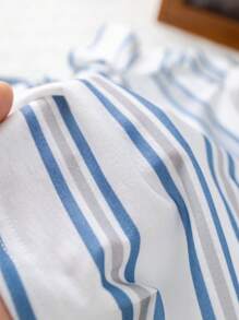 3pcs Set Baby Boys/Girls Casual Round Neck Short Sleeve Blue Striped & Solid Color Knit T-Shirts, Multi-Color, Suitable For Spring And Summer, Indoor And Outdoor Wear