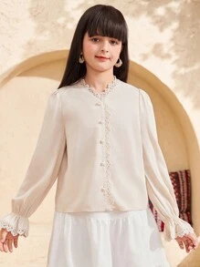 SHEIN Leap Crew Tween Girls' Casual Long Sleeve Woven Blouse Top With Ruffle Trim - Apricot - View 5