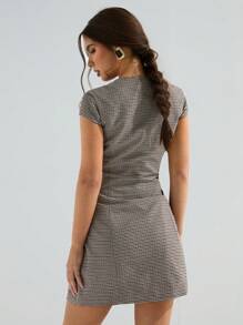 Athîral Women's Brown  Gingham Square Neck Plaid Single Breasted Puff Sleeve Fashionable Mini Dress  Western Wear - Multicolor - View 5