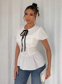 Chiquease Women Casual Hollow Out Collar Contrast Color Ruffle Hem Fitted Cute Short Sleeve Blouse - White - View 5