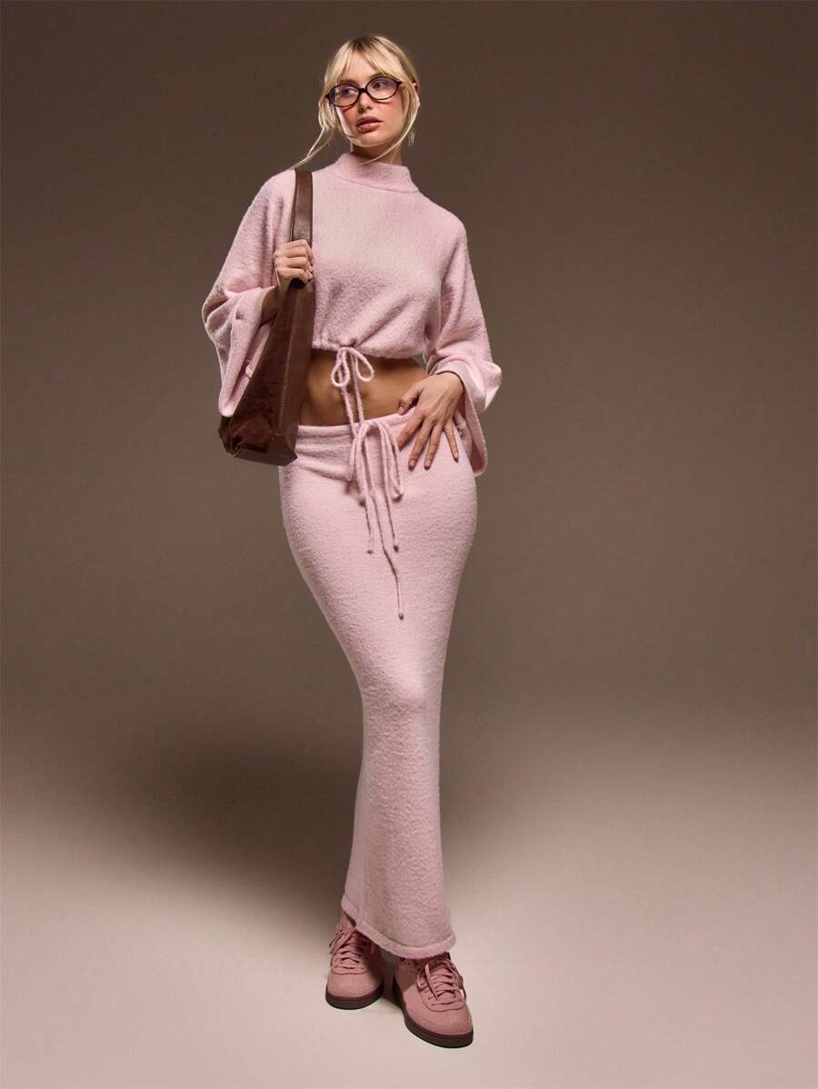 MUSERA 中腰蓬松针织抽绳腰半身裙，春夏可爱情人节感恩节时尚款 - 淺粉色 - 查看 1