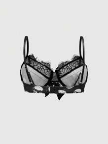 ROMWE Goth Sujetador de lencería con copa con aros, estampado de calavera gótico oscuro, encaje empalmado, ojetes y jacquard - Negro - Ver 4