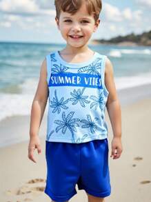 Baby Boy Coconut Tree Print + Navy Blue Shorts Casual 2 Pieces Outfit