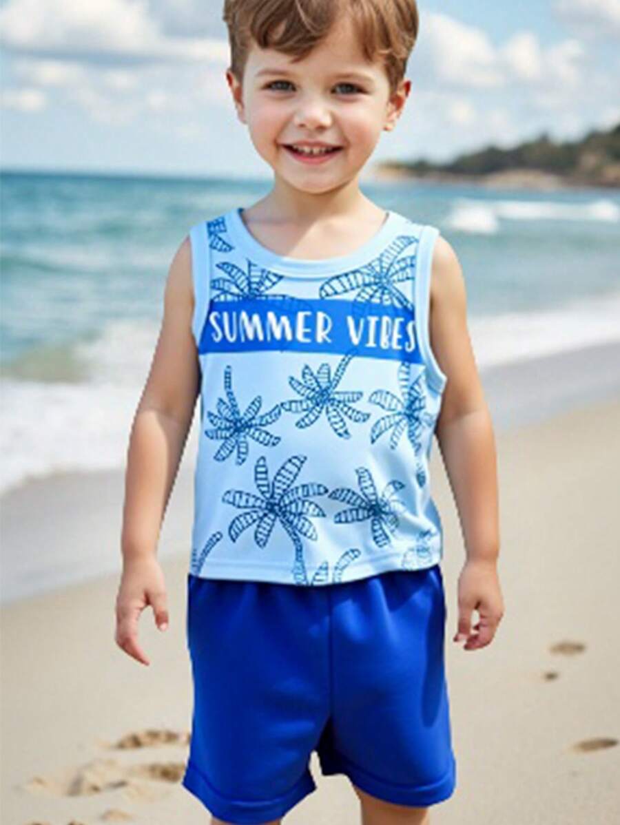 Baby Boy Coconut Tree Print + Navy Blue Shorts Casual 2 Pieces Outfit