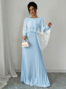 Rafferiza 女士优雅褶皱网眼长裙，秋冬长款女装 - 淺色水洗藍 - 查看 6