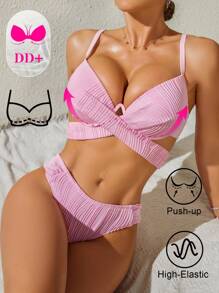Swim DD+ 2pcs/Set Women Sexy Solid Color Textured Supportive Underwire Criss-Cross Strappy Open Back Festival Boho Bikini Set, Summer Beach Vacation - Pink - View 1