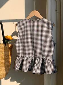 Comfortcana Camisa sin mangas a cuadros blanca y negra con botones para mujer