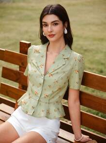 Vintamour Vintage Floral Print Ruffled Collar Fitted Blouse, Green Short Sleeve Casual Shirt, Spring/Summer Summer For Women Vacation Woman Going Out Tops Women Country Women Green Top Flower Top Easter St Patrick Going Out Tops Spring Break Cute Tops Button Up Shirt Women Country Women Floral St Patrick Day Shirt Button Up Shirt Women Teacher For Women Brunch For Women Tea Party - Green - View 3