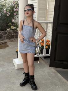 Tween Girl Y2K URBAN Street Light Wash Diamante Detail Jean Tops And Skorts Denim Two Pieces Outfit, With Adjustable Straps. And Chic. - Light Wash - View 7