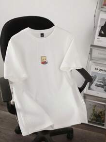 Claim Dot 男士夏季白色纹理面料可爱卡通印花圆领短袖休闲T恤男友礼物适合外出 - 白色 - 查看 3