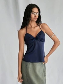 TRNVIE 1pc Navy Blue Simple Versatile Soft Crinkle Fabric Spaghetti Strap Top With Ruched Neckline & Bowknot Closure, Bohemian Style Top For Women, Music Festival - Navy Blue - View 3