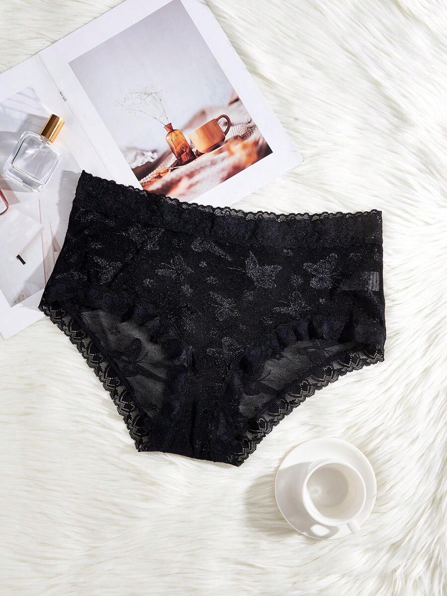 Plus Size Women's Fashionable Lace Patchwork Panties - Black - View 1