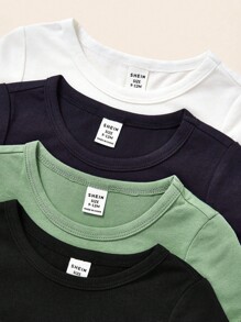 SHEIN 4pcs Baby Boy Casual Minimalist Short Sleeve Round Neck Top, Suitable For Summer - Multicolor - View 4