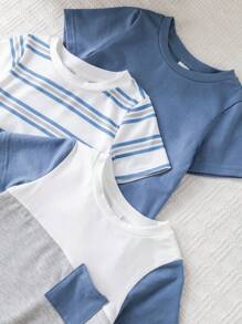 3pcs Set Baby Boys/Girls Casual Round Neck Short Sleeve Blue Striped & Solid Color Knit T-Shirts, Multi-Color, Suitable For Spring And Summer, Indoor And Outdoor Wear
