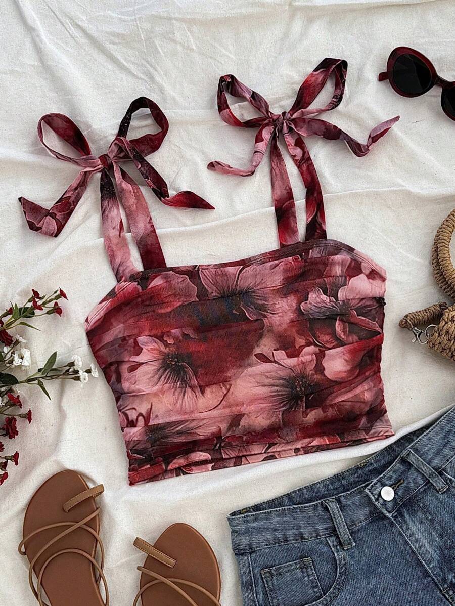 Soleia Vacation Women's Retro Floral Print Gathered Shoulder Tie Bowknot Cropped Tank Top,Valentine's Day,Summer For Women,Beach For Woman,Mardi Gras,Western Wear Woman,Birthday For Women,Crop Top Woman