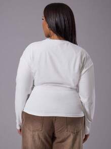 MUSERA Plus Ruched Fitted Long Sleeve Longline Top For Everyday, Casual, Break, Classy - White - View 3