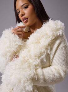 MUSERA Plus Midi Frayed Trim Knitted Cardigan For Everyday, Casual, Break, Classy - White - View 4